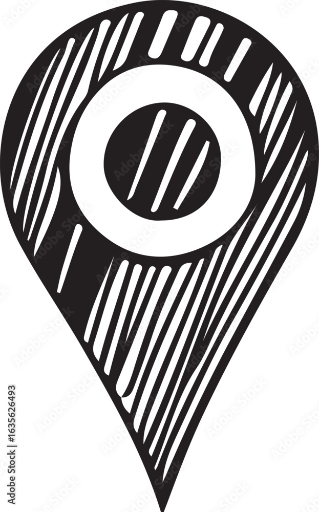 Poster hand drawn location pin icon with stripes and circle map marker navigation