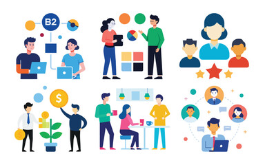 Vector art of business professionals in meetings, discussing strategy, and achieving financial goals, highlighting teamwork and corporate success