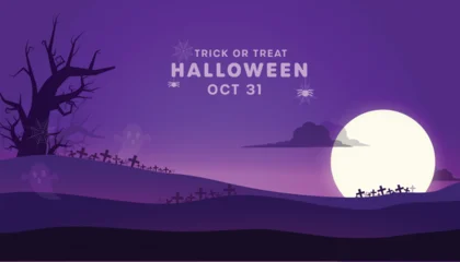 Selbstklebende Fototapeten Violett Halloween party invitation banner with a spooky landscape background. Vector graphic featuring a haunted house, graveyard, pumpkins, and bats for the October 31st celebration.  © Jutamas