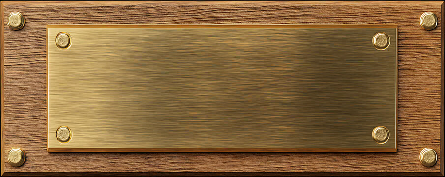 Classic blank brass nameplate on a wooden frame. Empty metal plaque for inscription.