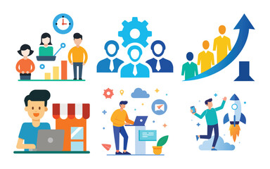 Vector art of business growth and success illustrated by people working together, analyzing data, and launching projects, symbolizing teamwork and achievement