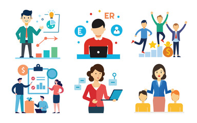 Vector art of business professionals collaborating on projects and analyzing data, showcasing teamwork, strategy, and success in a corporate setting