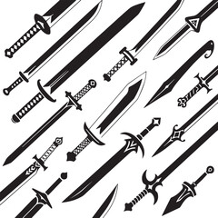 A black and white illustration of 15 different sword designs arranged in a diagonal pattern on white background.