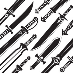 A black and white illustration of 15 different sword designs arranged in a diagonal pattern on white background.