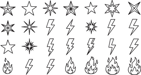 Set of Stars, Lightning Bolts and Fire icons, Illustration
