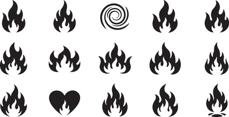 Fire flame vector set. Black fire icons. Bonfire silhouette design elements.