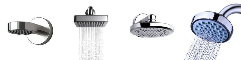 A Set Rainfall shower head made of stainless steel on isolated transparent background