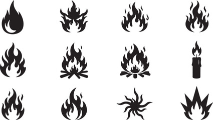 Set of twelve black fire icons. Flame symbols, candle and burning elements, vector illustration.