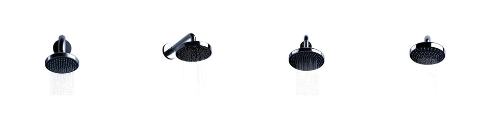 A set of realistic illustration of a black shower head with water droplets