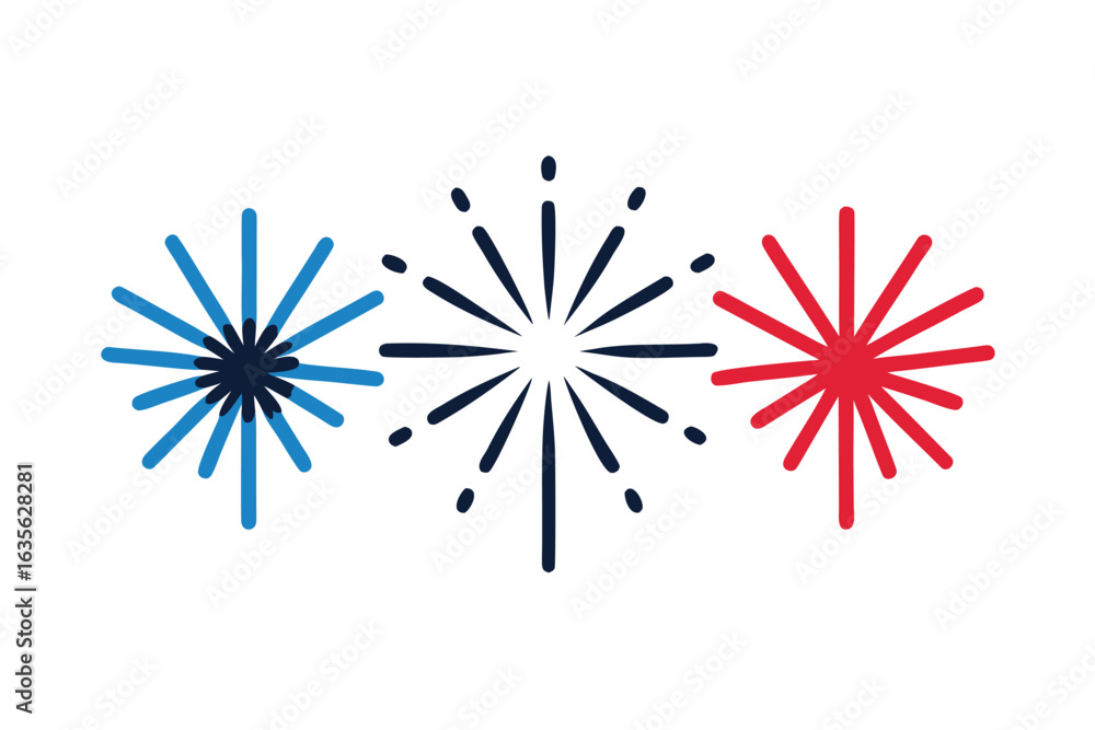 Poster three colorful fireworks icons in a row on white background