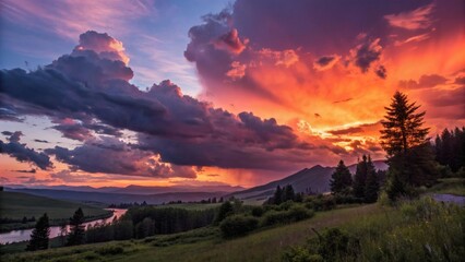 Vivid Sunset with Dramatic Colorful Clouds and Magical Twilight Scenic Evening Skyscape Panorama