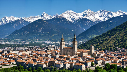 Vue panoramique d'une ville pittoresque entourée de montagnes enneigées.