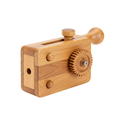 A wooden ratchet noisemaker, matraca, crafted from polished natural wood with intricate grain and rotating gear, on a plain transparent background with no shadows, studio lighting, concept of