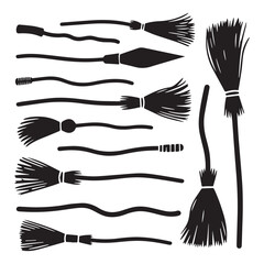  A black and white illustration of a collection of witch brooms on white background. 