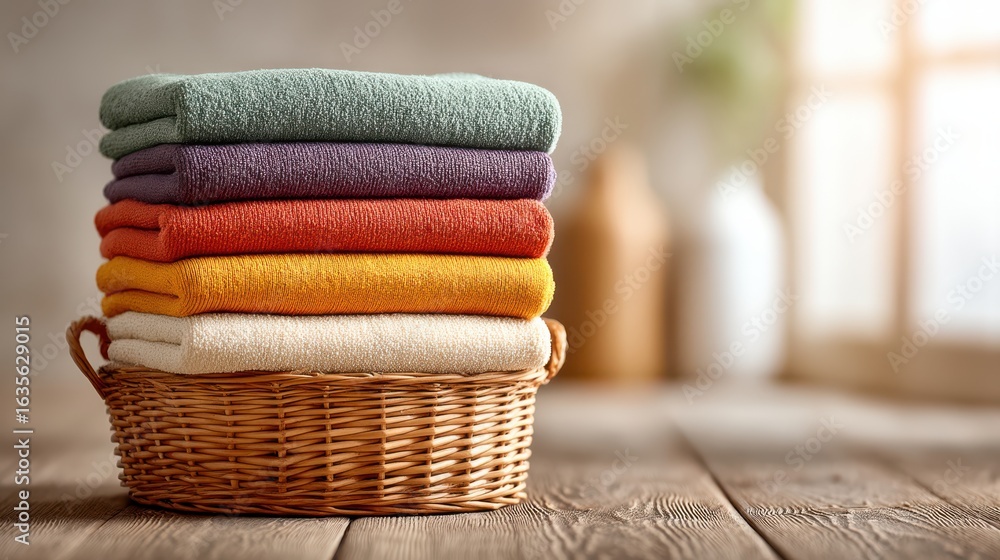 Poster a neatly arranged stack of colorful towels in a woven basket, set against a softly lit background, c