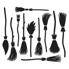 A black and white illustration of a collection of witch brooms on white background. 