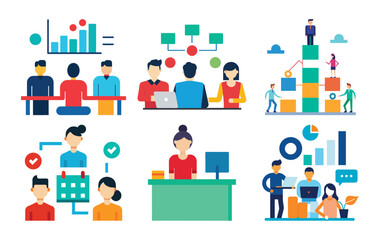 Vector art of business professionals engaged in teamwork and strategic planning, utilizing data analysis and communication for project success in an office environment