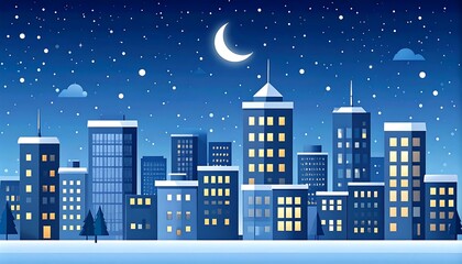 City skyline at night under a starry sky with snow.