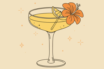 Illustration of a cocktail glass filled with a yellow drink garnished with a lemon slice and flower