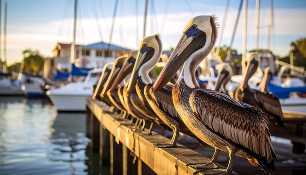 Pelicans on a dock at sunset