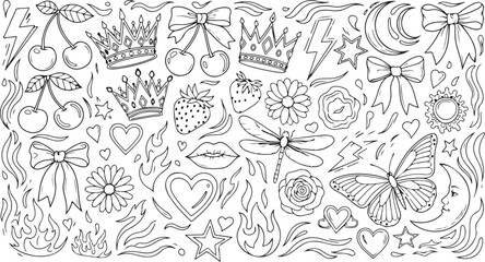 Doodle set with crowns, cherries, bows, stars, hearts, lightning, strawberry, and other objects, illustration
