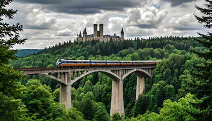 Le train qui traverse le pont en arc au-dessus de la forêt.