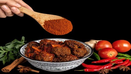 Wooden spoon adds spice to a bowl of food, surrounded by herbs and vegetables