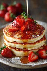 Stacked pancakes topped with fresh strawberries and syrup