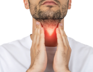 Human neck and jaw area highlighted with red glow indicating pain isolated on white background