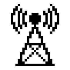 Pixel tower signal icon vector for telecommunication, mobile networks, and connectivity in a retro pixelated style. Perfect for illustrating wireless coverage and digital infrastructure.