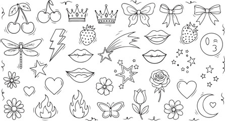 Doodle sticker elements collection. Hand drawn vector illustration of crowns, hearts, stars, lips, flowers, and fruits