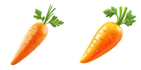3D cartoon style carrot with bright orange color green leaves isolated transparent background