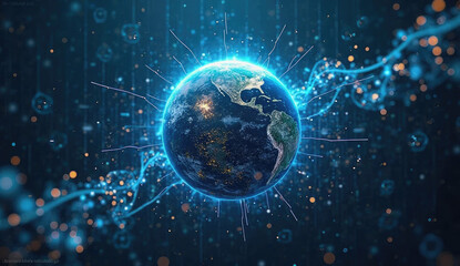 Obraz premium “Digital art showing the Earth with stock market charts overlaid, global financial connection lines, abstract blue tones”