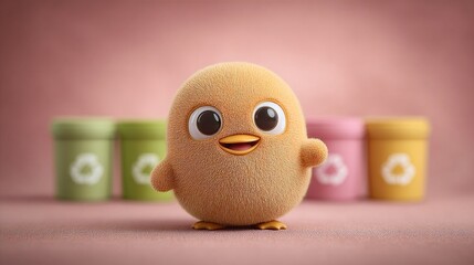 A small yellow chicken standing in front of a row of jars.