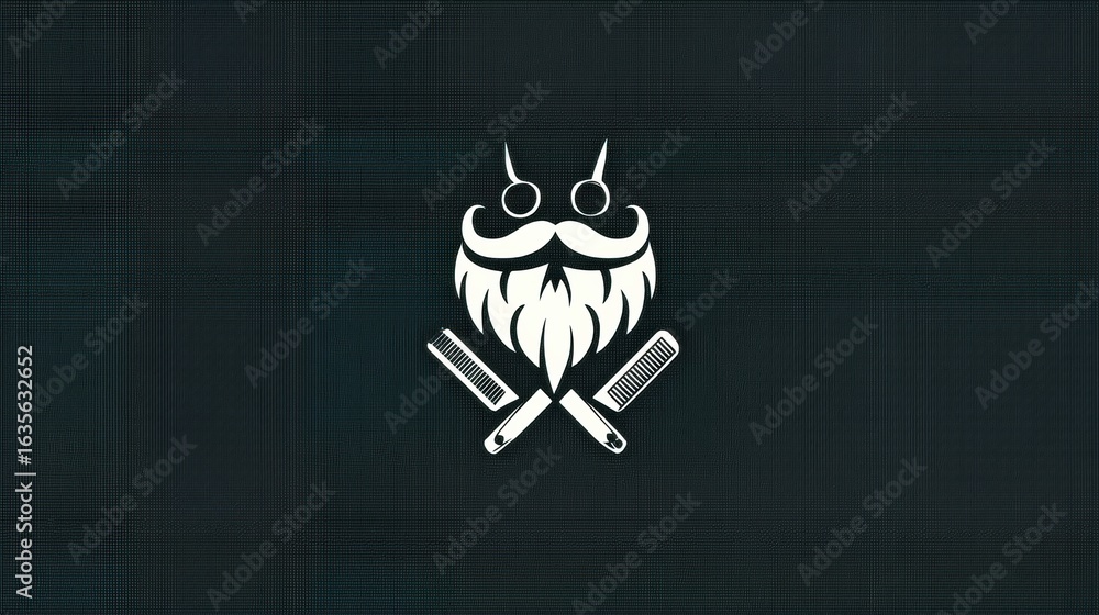Poster stylized beard logo featuring crossed scissors and comb on a minimal flat background for barbering a