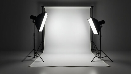 Professional photography studio setup with two softbox lights and a seamless white backdrop, ideal for portrait or product shoots. Clean, minimal, and high-quality lighting