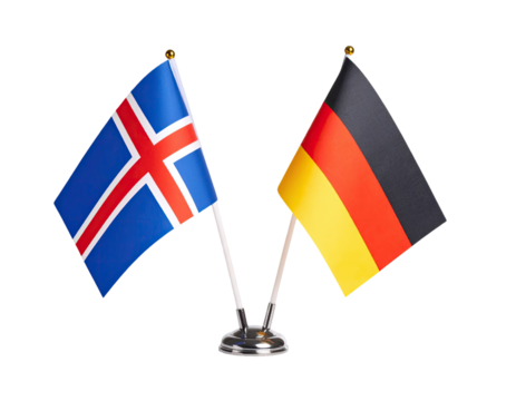 Mini table flags of Iceland and Germany side by side isolated on white background