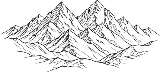 Black and white drawing of majestic mountain range, illustration © reza