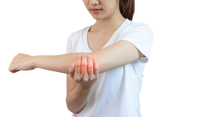 Adult woman suffering from arm pain and muscle discomfort isolated on white background