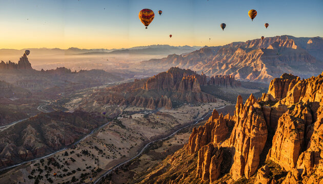 Le paysage magnifique de montagnes et ballons