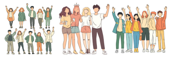 Obraz premium variation set of happy people celebrating with hands up illustration