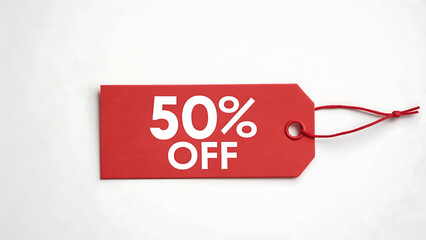 Bright red sale tag announcing fifty percent off promotion against a clean white background with tied string