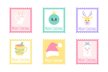 A collection of adorable cartoon Christmas postage stamps featuring cute kawaii characters like cats, reindeer, and ornaments, designed in a soft pastel color palette
