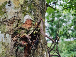 Close-up shot of a tree trunk showcasing its rough bark texture and natural details, with shadows cast across its surface.