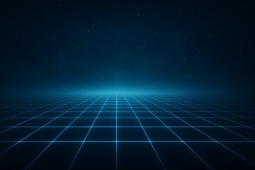 Abstract blue digital grid perspective with glowing lines and stars on a dark background