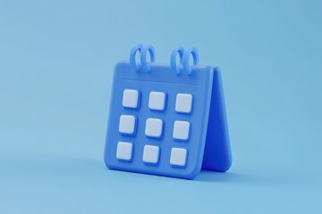 A 3d rendering of a blue calendar with a spiral binding and simple grid