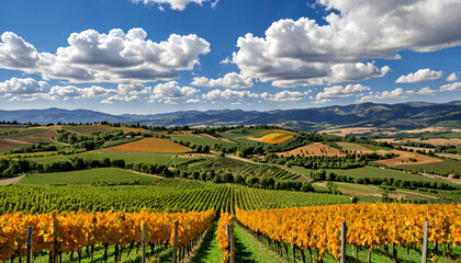 Fototapeta premium Le paysage bucolique d'une vallée rurale sous un ciel bleu avec des nuages blancs et une vue sur une montagne à l'horizon.