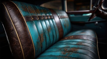 Vintage car's teal & brown leather seats
