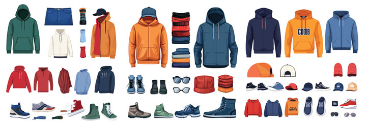 variation set of winter and casual clothing items for fashion design and e-commerce display
