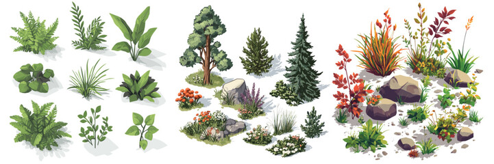 variation set of plants and trees for garden and landscape design illustration